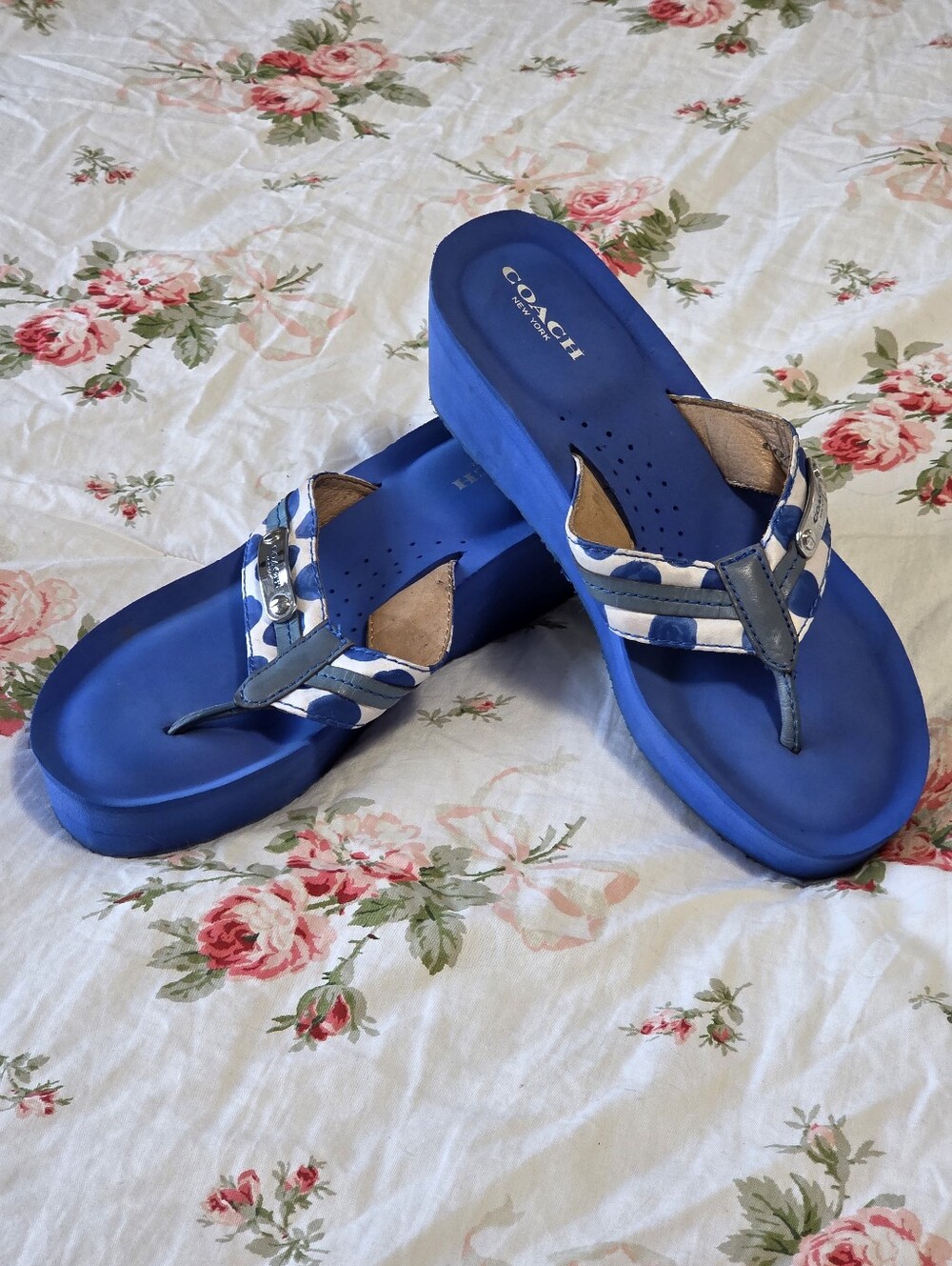 Coach Jaden Blue White Polka Dot Wedge Flip Flop | Signature Sole | Size 6 Y2K - Picture 7 of 15